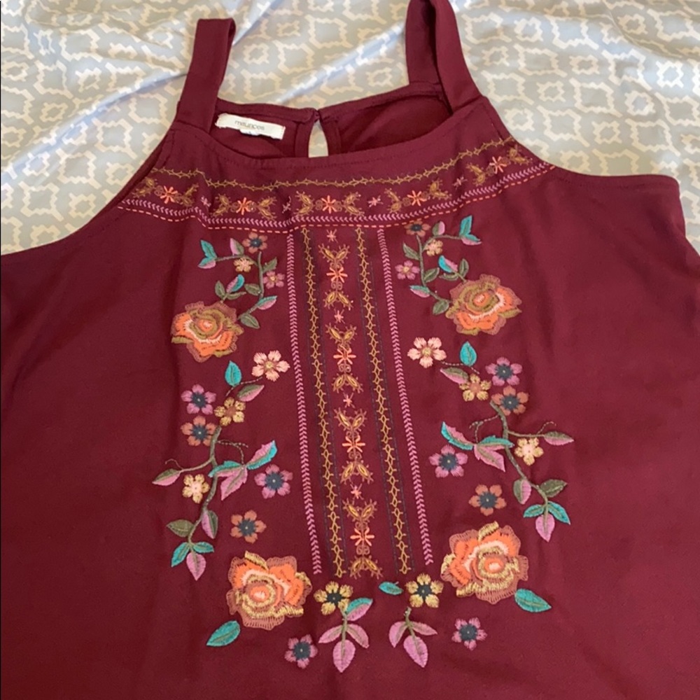 Maroon Embroidered Shift Dress With Keyhole Back